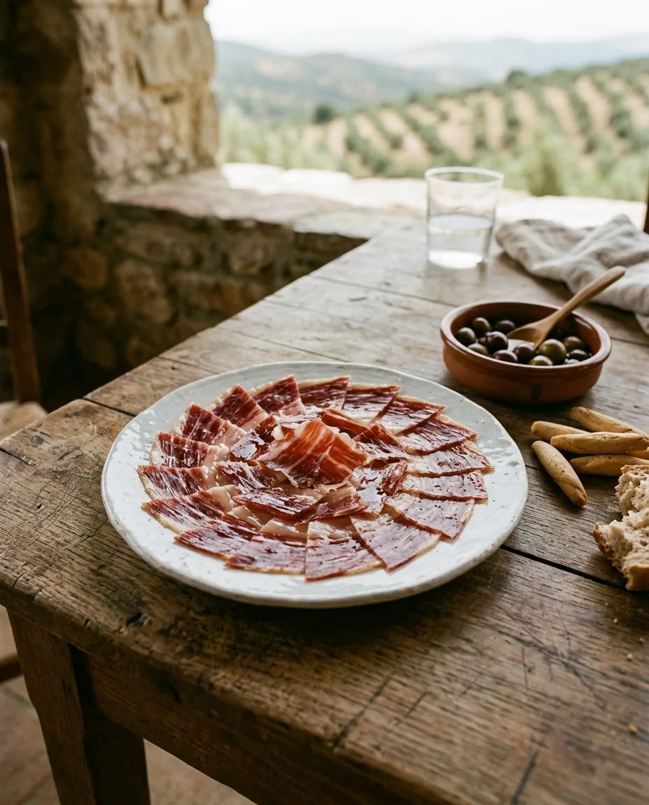 Serviervorschlag: von Hand geschnittener Jamón de Bellota auf einem weißen Teller mit Grissini und Oliven